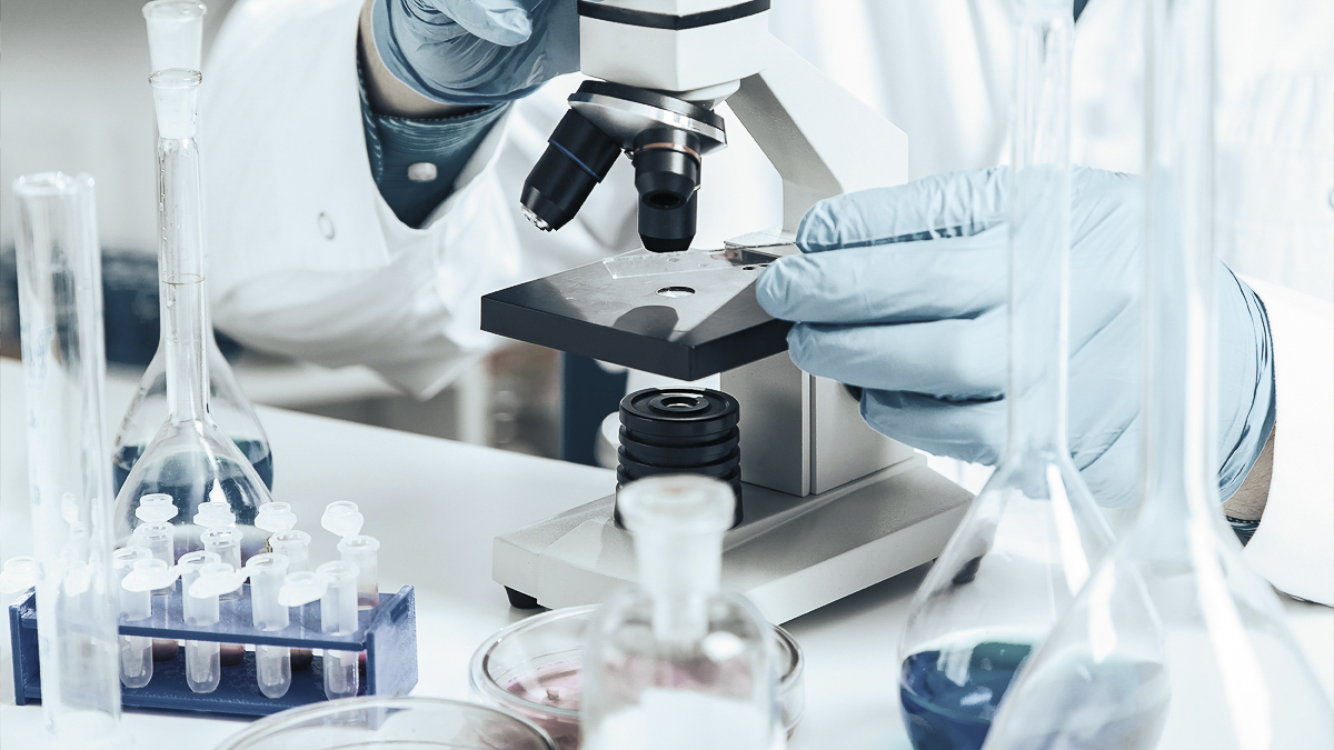 Close-up of a scientist's hands on a microscope