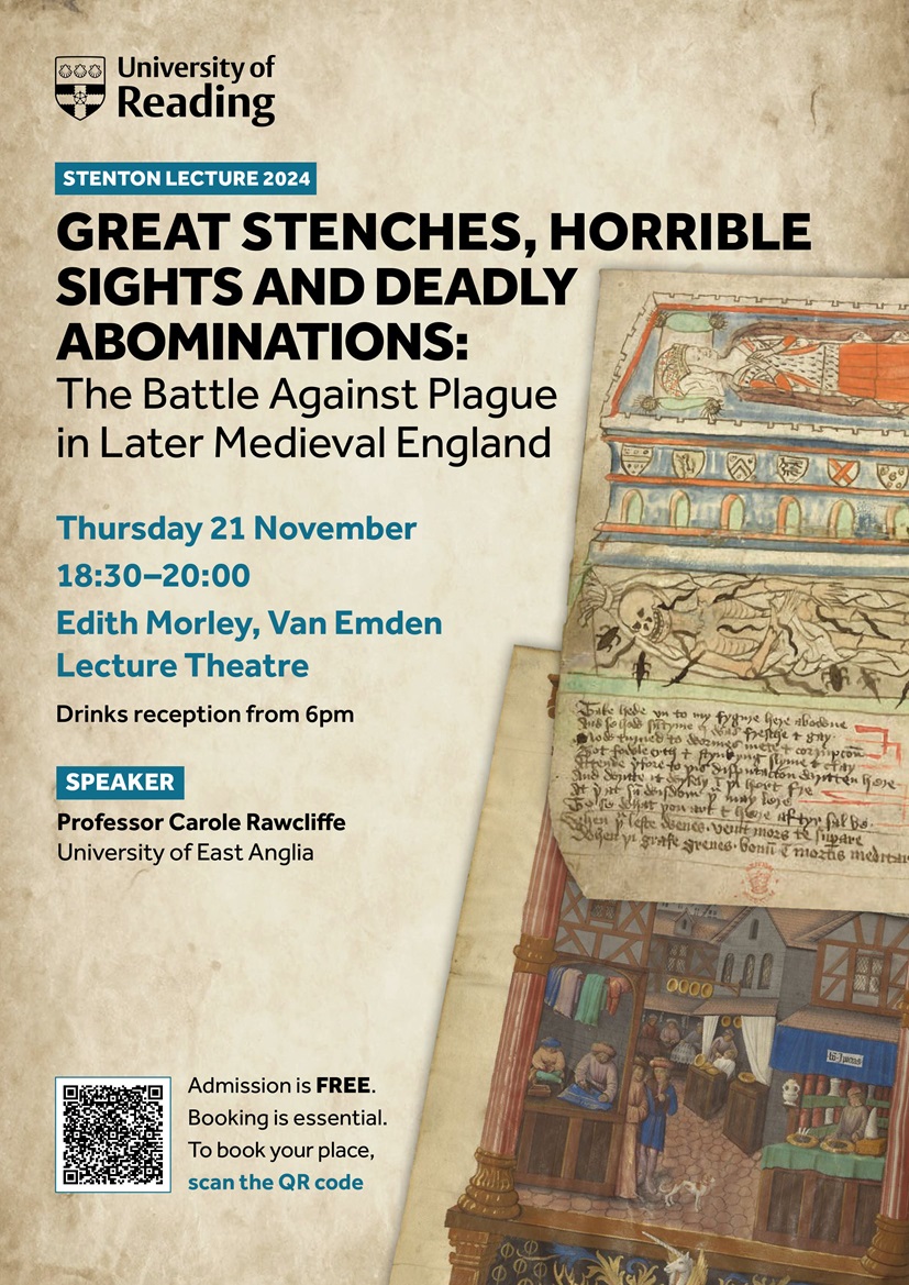poster describing Stenton Lecture 2024 name and location with a QR code bottom left to book your place for this free event.