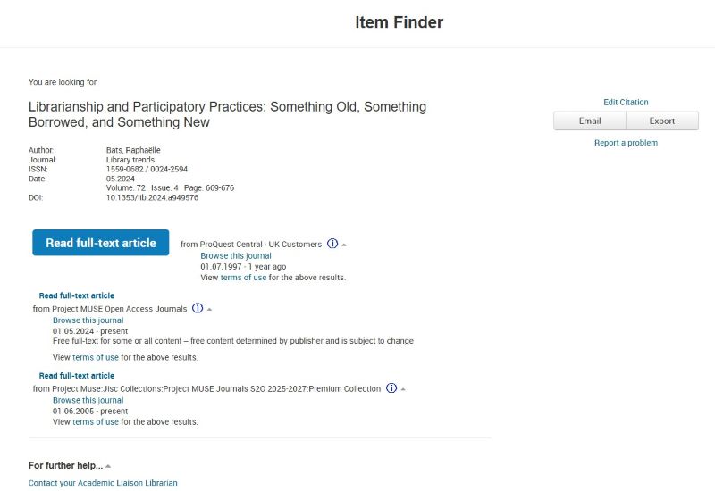 Item Finder screen showing three options for accessing the article