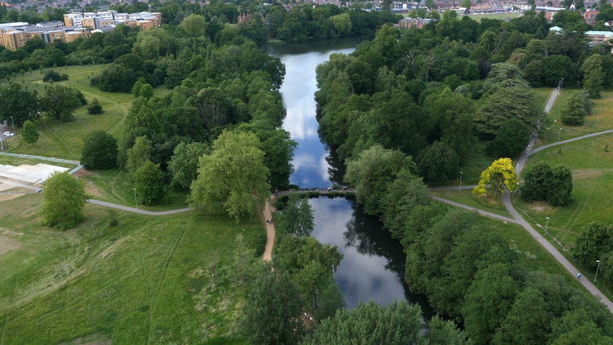 Aerial view of Whiteknights Lake, Whiteknights Campus, the University of Reading